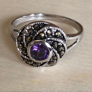Marcasite Swirl Ring with Purple Swarovski Stone